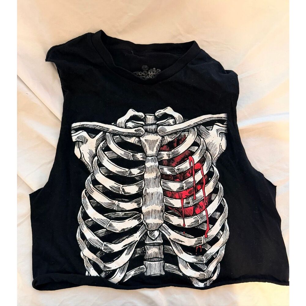 Socialite Black Skeleton Rib Cage Bleeding Heart Crop Muscle Tank Top Size S